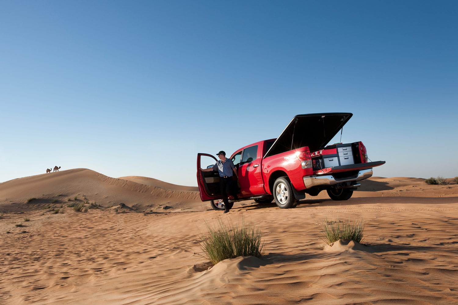 Rode pick-up met Modul-System bedrijfswageninrichting, in de woestijn